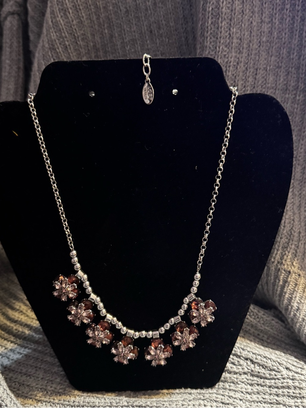 LOFT Silver-Tone Necklace with Pink Crystal Floral Drops - Picture 2 of 4